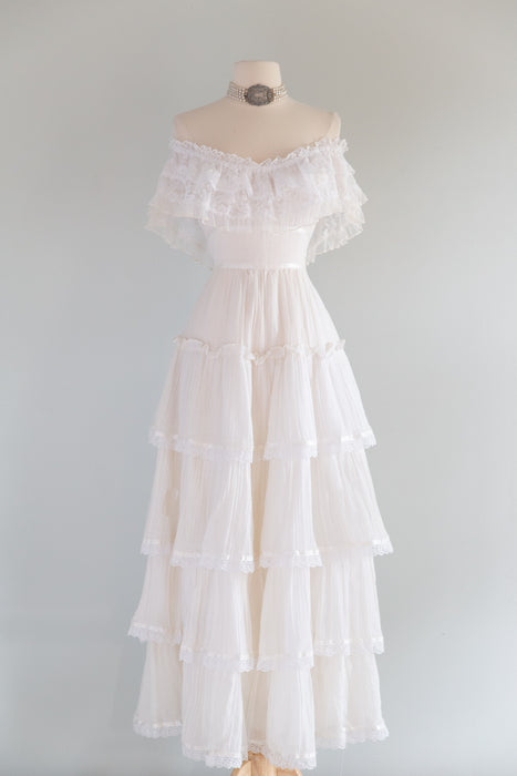 Romantic 1970's Cotton Gauze Gunne Sax Wedding Dress With OTS Lace Neckline / SM