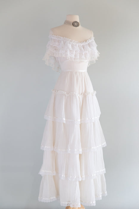 Romantic 1970's Cotton Gauze Gunne Sax Wedding Dress With OTS Lace Neckline / SM