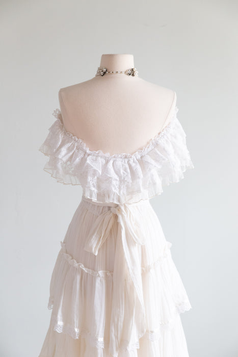 Romantic 1970's Cotton Gauze Gunne Sax Wedding Dress With OTS Lace Neckline / SM