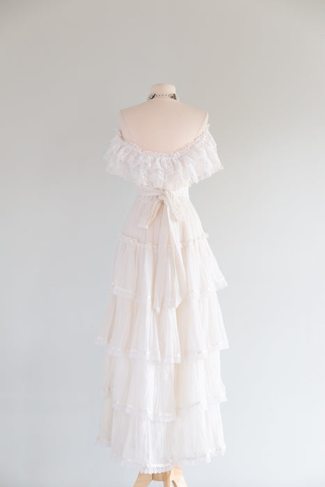 Romantic 1970's Cotton Gauze Gunne Sax Wedding Dress With OTS Lace Neckline / SM