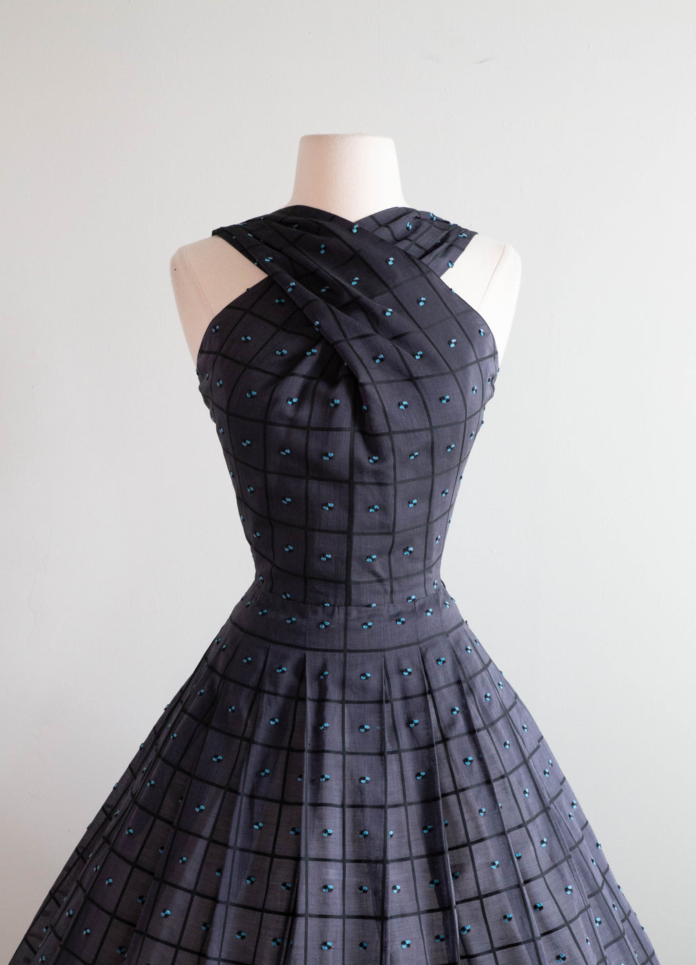 1950s vintage day dress, Shelf bust Halter Sundress, Black and pink cotton pinup dress