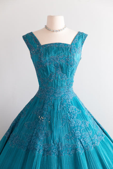 Spectacular 1950's Crystal Pleated Party Dress In Cote D'Azur Blue / M