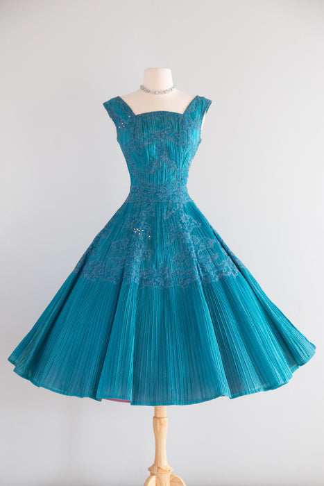 Spectacular 1950's Crystal Pleated Party Dress In Cote D'Azur Blue / M
