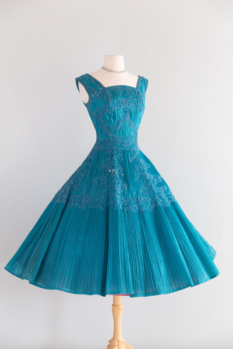 Spectacular 1950's Crystal Pleated Party Dress In Cote D'Azur Blue / M