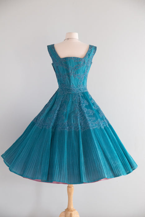 Spectacular 1950's Crystal Pleated Party Dress In Cote D'Azur Blue / M