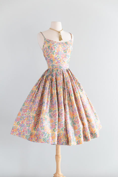 Enchanting 1950’s Pastel Garden Silk Floral Party Dress With Pockets! / Small