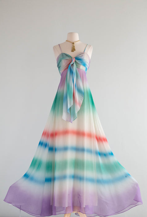 chiffon rainbow dress Pastel Rainbow Chiffon Midi Dress with Floral Beaded Bodice Pastel Rainbow / Floor Length / Custom Size