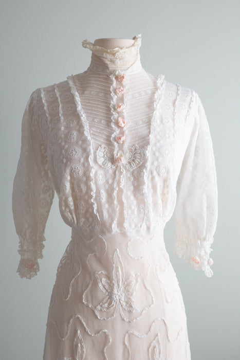 Exquisite Edwardian Embroidered Net Tea Dress With Pale Pink Rosettes / Small