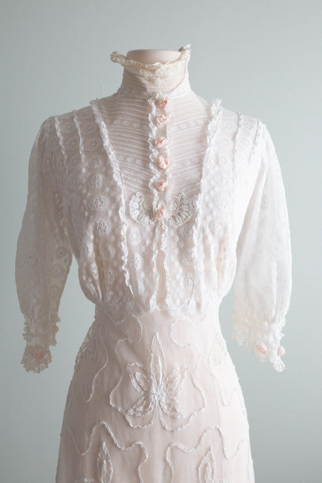 Exquisite Edwardian Embroidered Net Tea Dress With Pale Pink Rosettes / Small