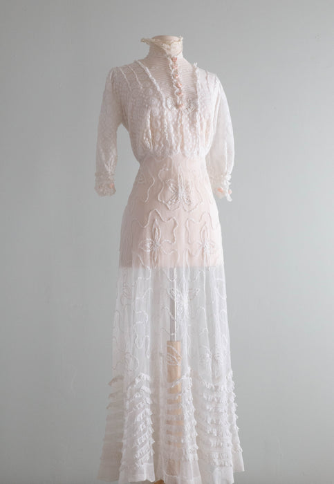 Exquisite Edwardian Embroidered Net Tea Dress With Pale Pink Rosettes / Small