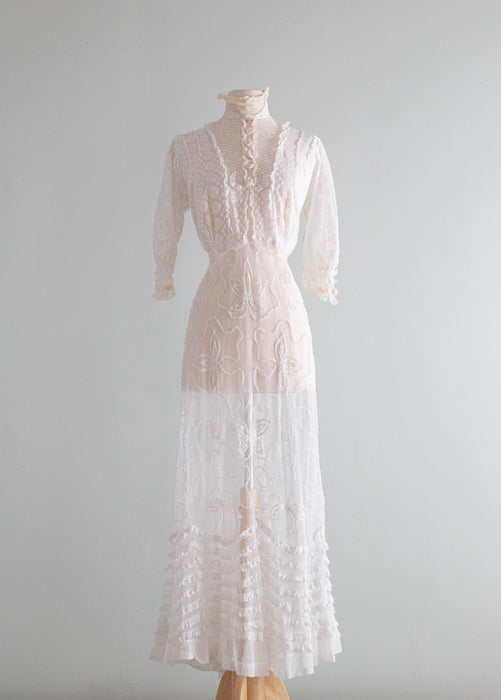 Exquisite Edwardian Embroidered Net Tea Dress With Pale Pink Rosettes / Small