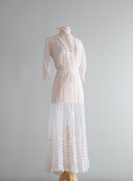 Exquisite Edwardian Embroidered Net Tea Dress With Pale Pink Rosettes / Small