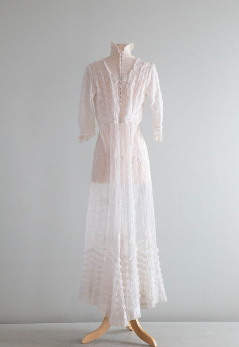 Exquisite Edwardian Embroidered Net Tea Dress With Pale Pink Rosettes / Small