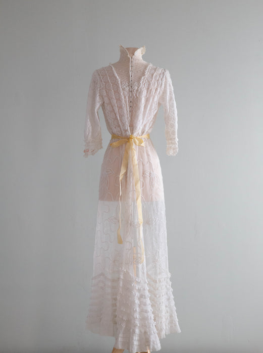 Exquisite Edwardian Embroidered Net Tea Dress With Pale Pink Rosettes / Small