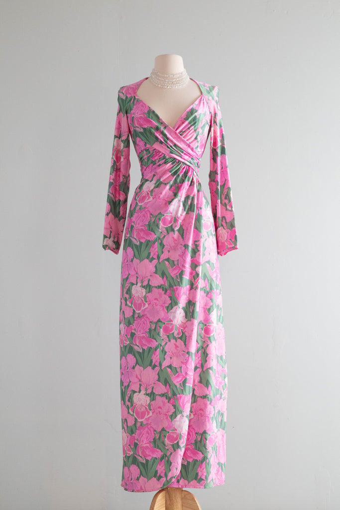 Fabulous 1970's Robert David Morton Iris Print Maxi Dress / Medium