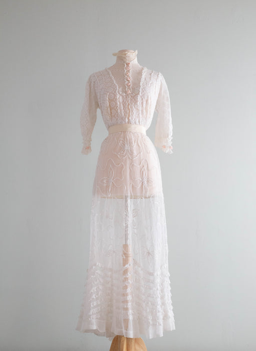 Exquisite Edwardian Embroidered Net Tea Dress With Pale Pink Rosettes / Small