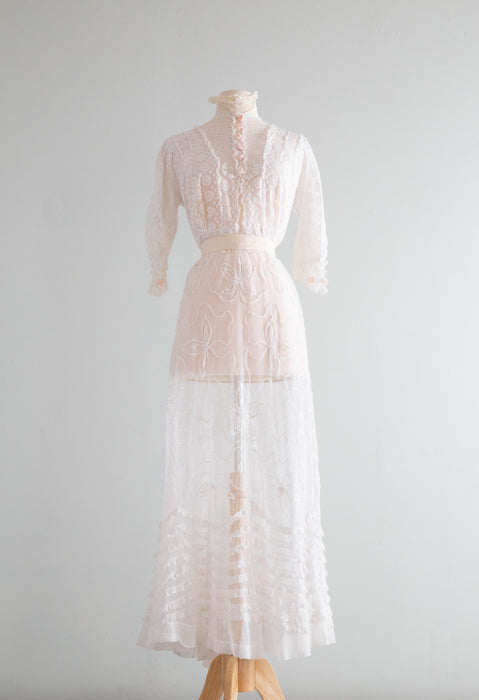 Exquisite Edwardian Embroidered Net Tea Dress With Pale Pink Rosettes / Small