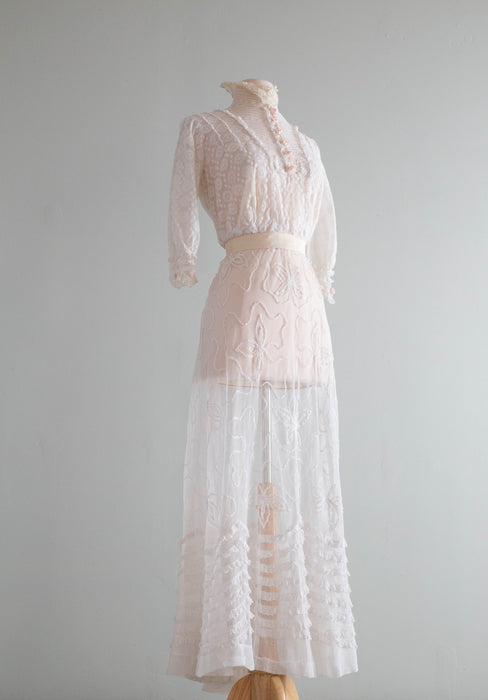 Exquisite Edwardian Embroidered Net Tea Dress With Pale Pink Rosettes / Small