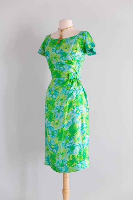 Elegant Late 1950's Silk Watercolor Floral Print Dress by Miss Brooks / M