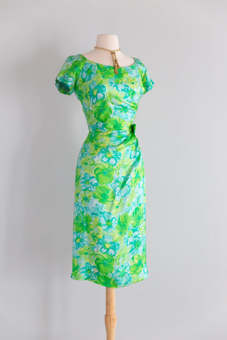 Elegant Late 1950's Silk Watercolor Floral Print Dress by Miss Brooks / M