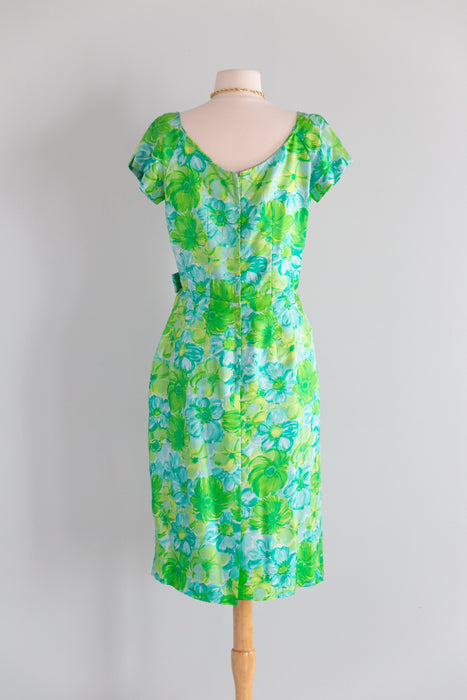 Elegant Late 1950's Silk Watercolor Floral Print Dress by Miss Brooks / M