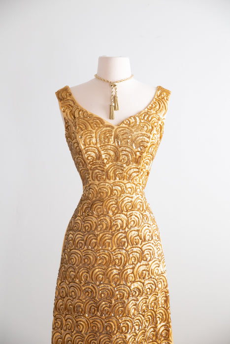 Glamorous 1960's Gold Sequined Evening Gown By Mike Benet / SM