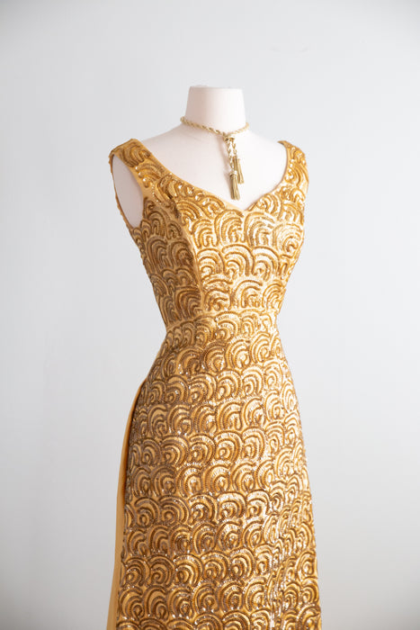 Glamorous 1960's Gold Sequined Evening Gown By Mike Benet / SM