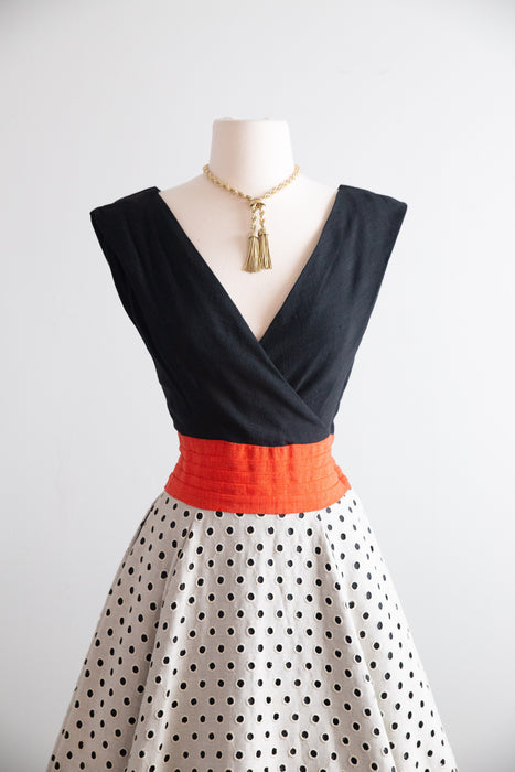 Fabulous Early 1950's Claudia Young Polka Dot Linen Dress With Pockets / S