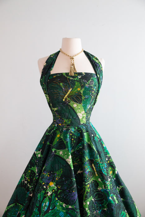 Glorious 1950's David Hart Cotton Butterfly Print Halter Dress With Beading / S