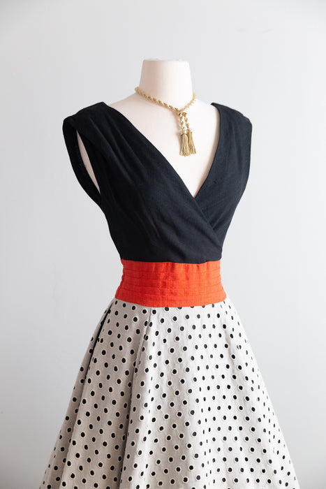 Fabulous Early 1950's Claudia Young Polka Dot Linen Dress With Pockets / S