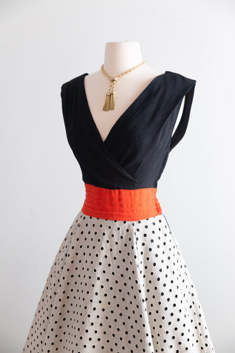 Fabulous Early 1950's Claudia Young Polka Dot Linen Dress With Pockets / S