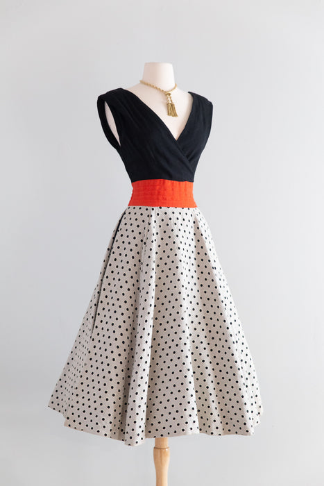 Fabulous Early 1950's Claudia Young Polka Dot Linen Dress With Pockets / S