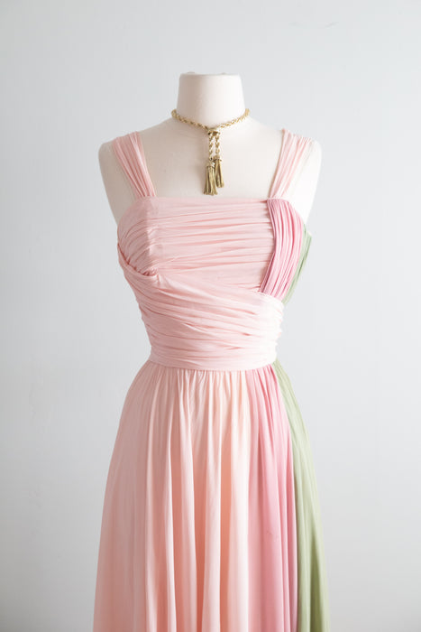 Glamorous 1950's Pastel Color Block Chiffon Formal Gown / M