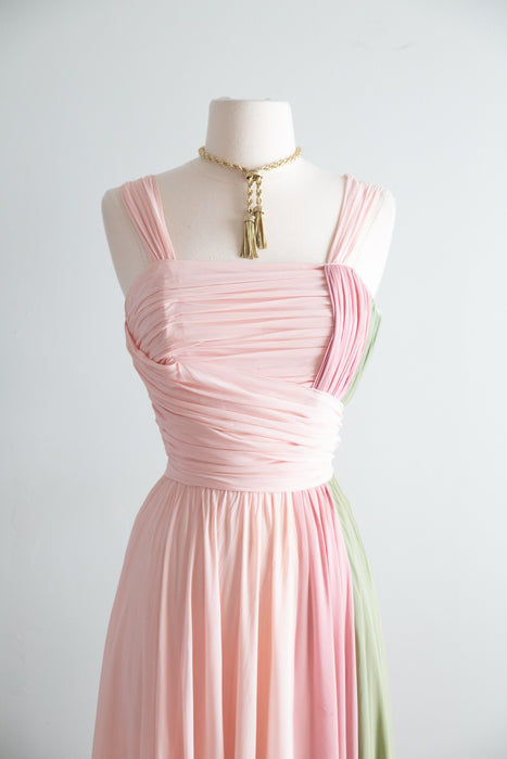 Glamorous 1950's Pastel Color Block Chiffon Formal Gown / M