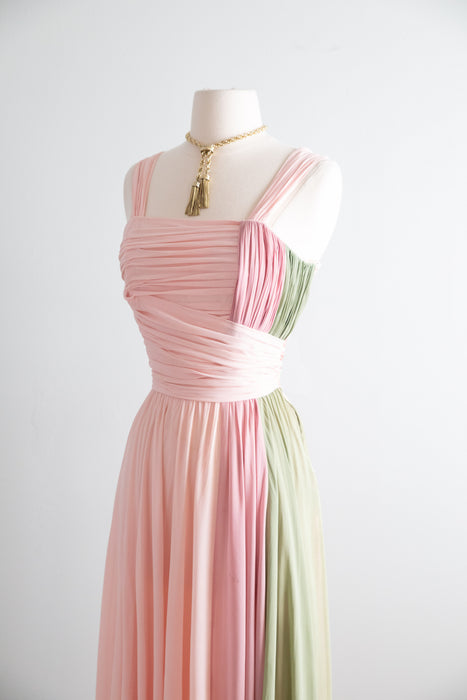 Glamorous 1950's Pastel Color Block Chiffon Formal Gown / M