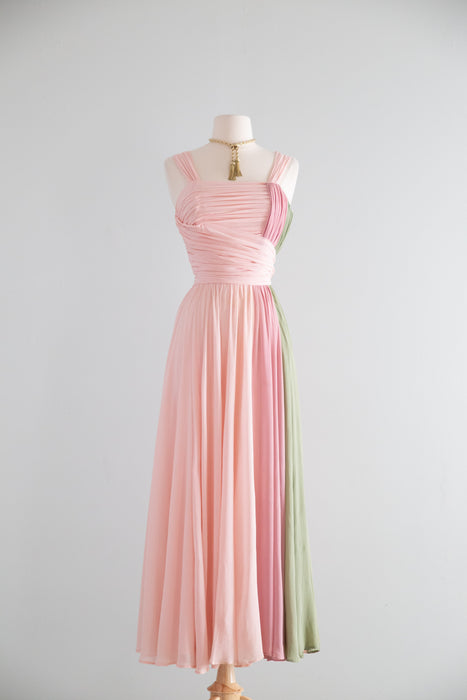 Glamorous 1950's Pastel Color Block Chiffon Formal Gown / M
