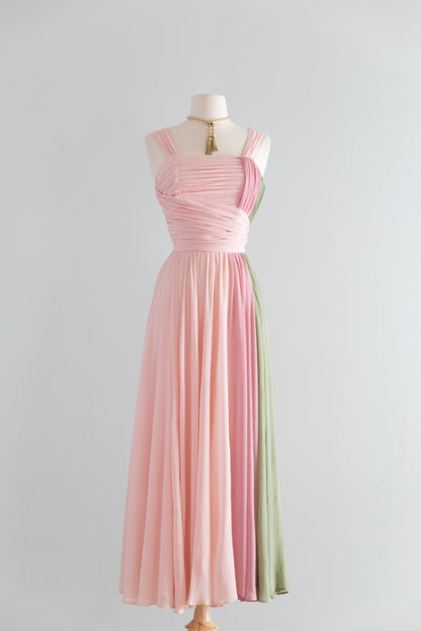 Glamorous 1950's Pastel Color Block Chiffon Formal Gown / M