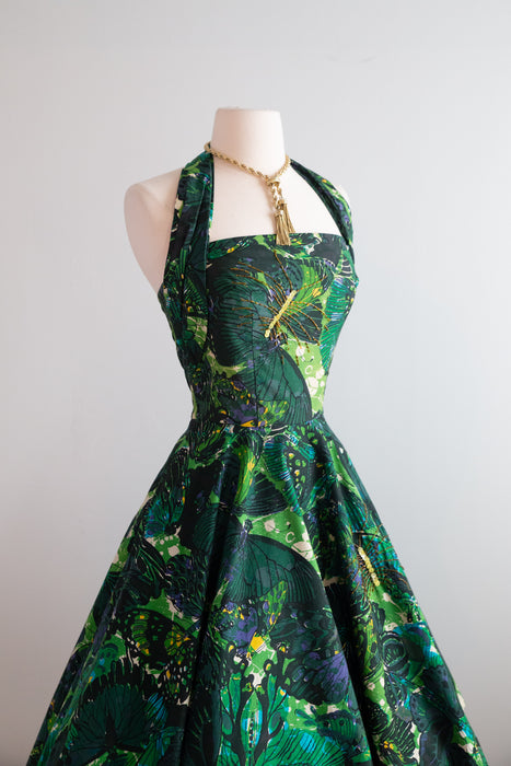 Glorious 1950's David Hart Cotton Butterfly Print Halter Dress With Beading / S