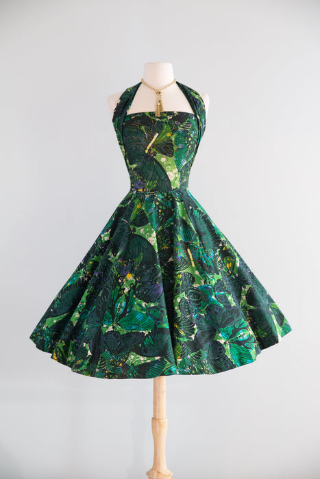 Glorious 1950's David Hart Cotton Butterfly Print Halter Dress With Beading / S