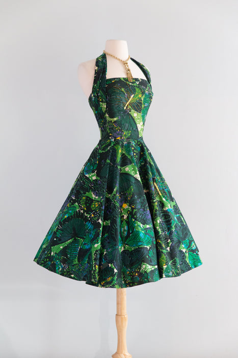 Glorious 1950's David Hart Cotton Butterfly Print Halter Dress With Beading / S