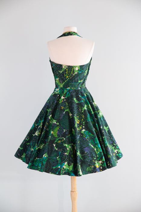 Glorious 1950's David Hart Cotton Butterfly Print Halter Dress With Beading / S