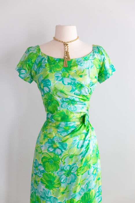 Elegant Late 1950's Silk Watercolor Floral Print Dress by Miss Brooks / M