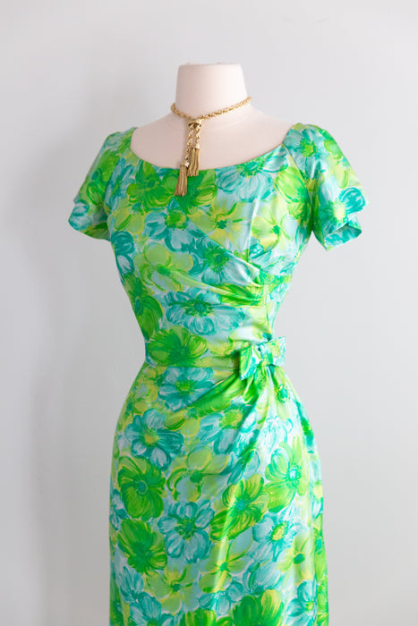 Elegant Late 1950's Silk Watercolor Floral Print Dress by Miss Brooks / M