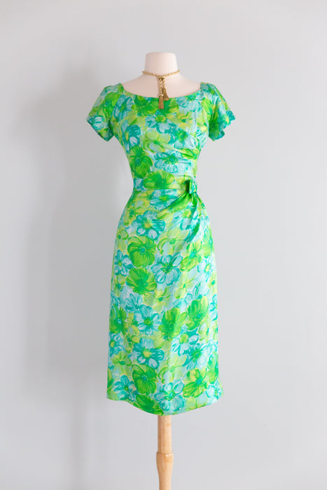 Elegant Late 1950's Silk Watercolor Floral Print Dress by Miss Brooks / M