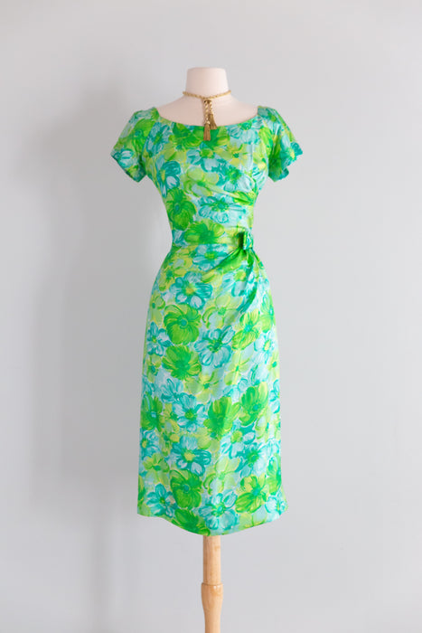 Elegant Late 1950's Silk Watercolor Floral Print Dress by Miss Brooks / M