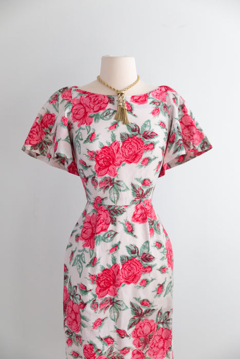 Fabulous 1950's Rose Print Wiggle Dress In Polished Cotton With Cape Sleeves / XS
