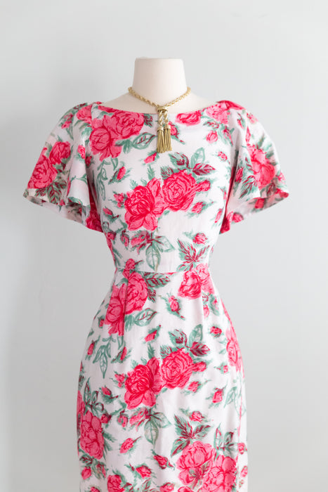 Fabulous 1950's Rose Print Wiggle Dress In Polished Cotton With Cape Sleeves / XS