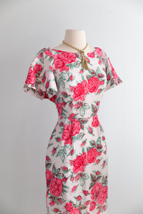 Fabulous 1950's Rose Print Wiggle Dress In Polished Cotton With Cape Sleeves / XS