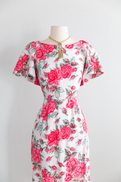 Fabulous 1950's Rose Print Wiggle Dress In Polished Cotton With Cape Sleeves / XS