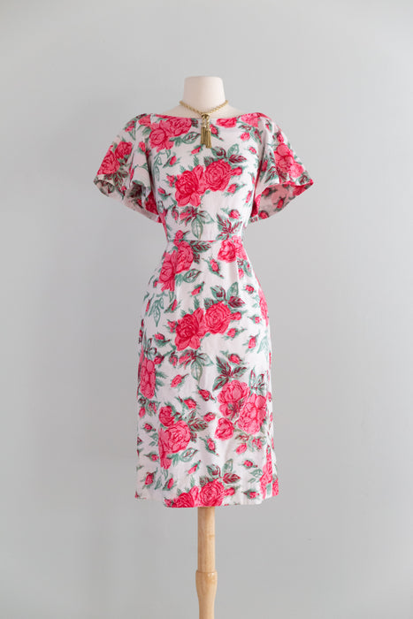 Fabulous 1950's Rose Print Wiggle Dress In Polished Cotton With Cape Sleeves / XS